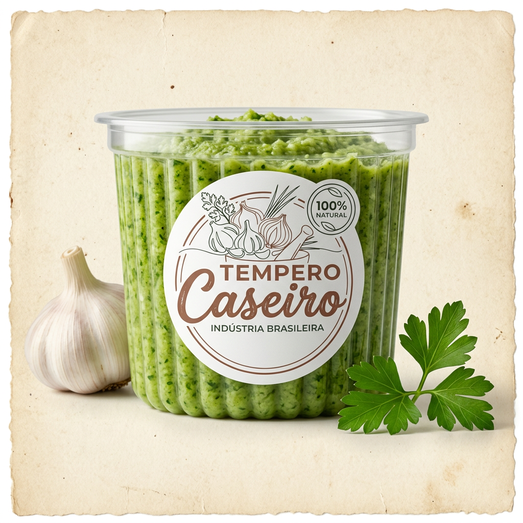 Pote de Tempero Caseiro 400g, rótulo branco com logo, contendo tempero verde fresco